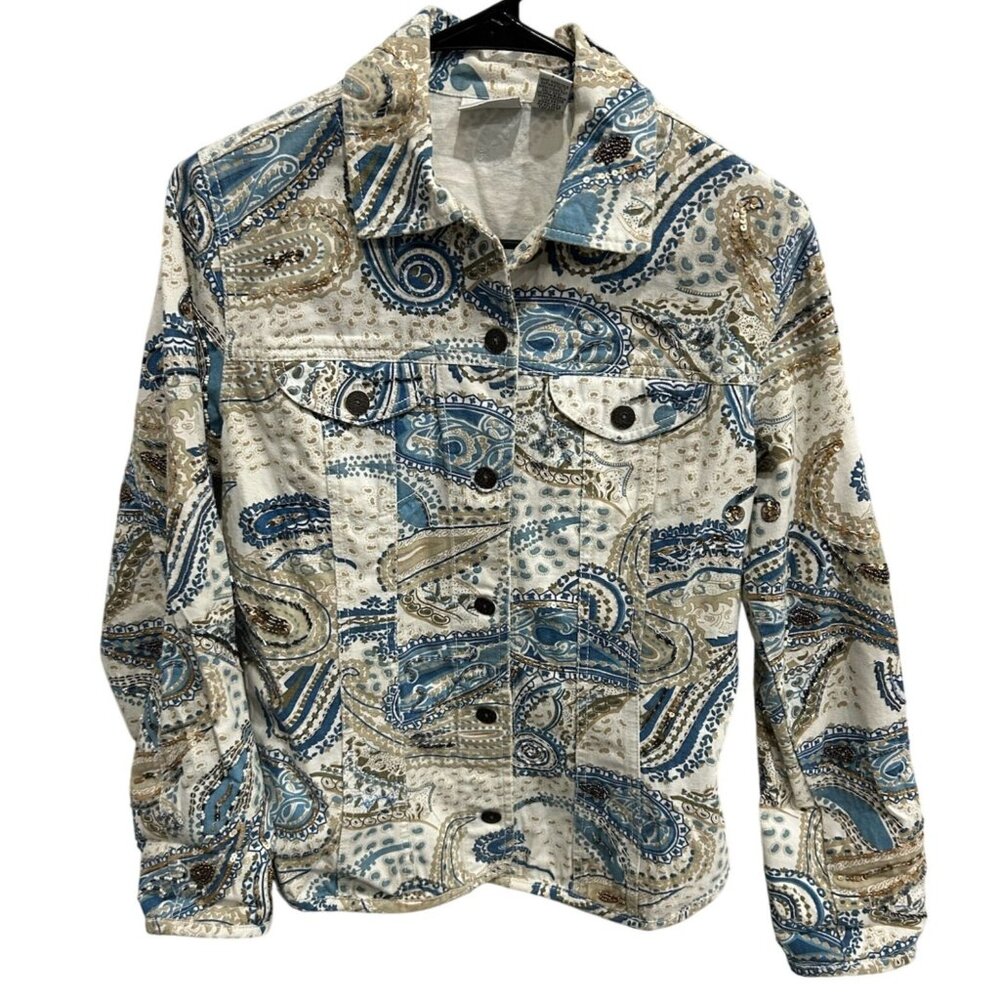 Chicos Paisley Print Cotton Jacket Womens Size S Button Front Beige Blue